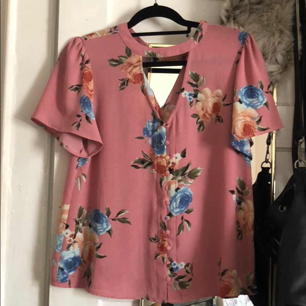 Pink button down floral blouse